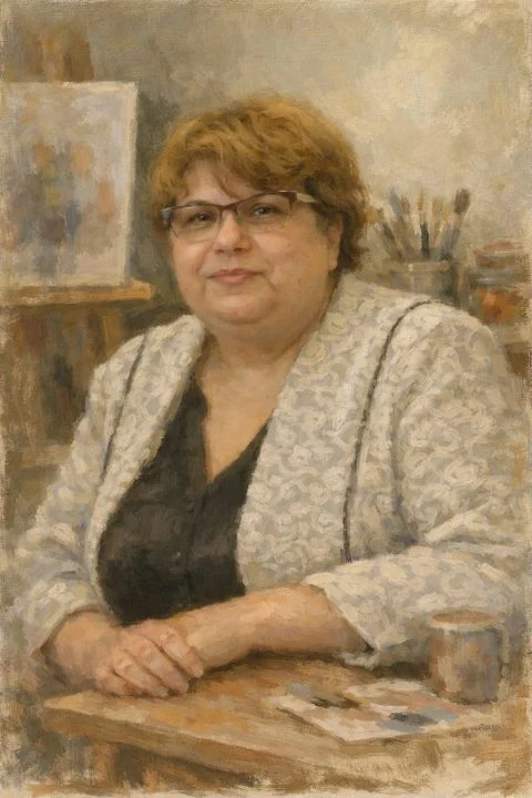 Painted portrait of Peter GORGY’s mother, seated at a wooden table, with an easel and paintbrushes behind her