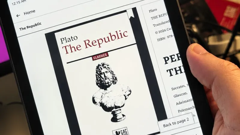 Close-up of a Kindle screen showing the cover of Plato’s The Republic.