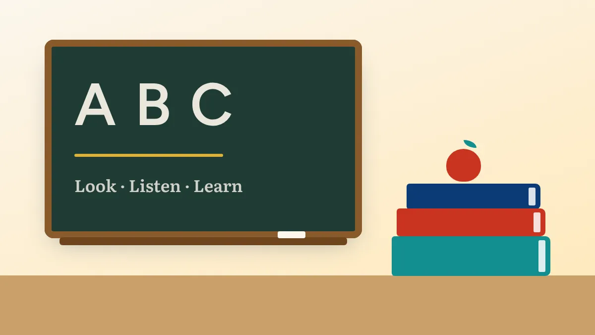 Illustration of a classroom chalkboard reading “ABC” and “Look · Listen · Learn”, beside a stack of books and an apple.