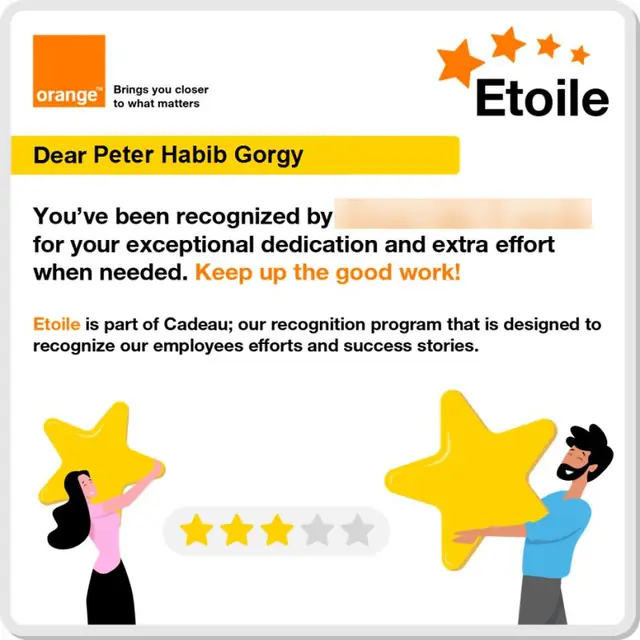 Orange Etoile recognition card: “Dear Peter Habib Gorgy, you’ve been recognized for your exceptional dedication and extra effort when needed. Keep up the good work!” (manager’s name blurred).