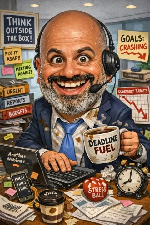 Light-hearted caricature of Peter GORGY at a chaotic desk: headset on, a “Deadline Fuel” coffee mug, a stress ball, a pinging phone, stacks of urgent reports and a falling “Quarterly Targets” chart