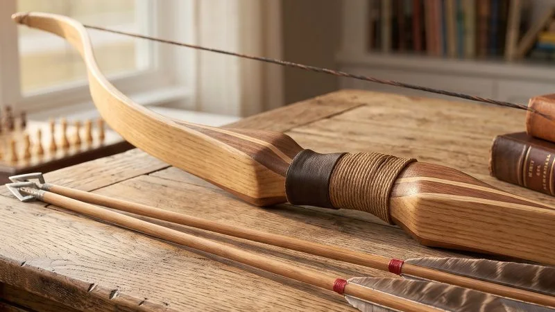 A wooden recurve bow and two feathered arrows resting on an old oak desk beside leather-bound books, in warm window light