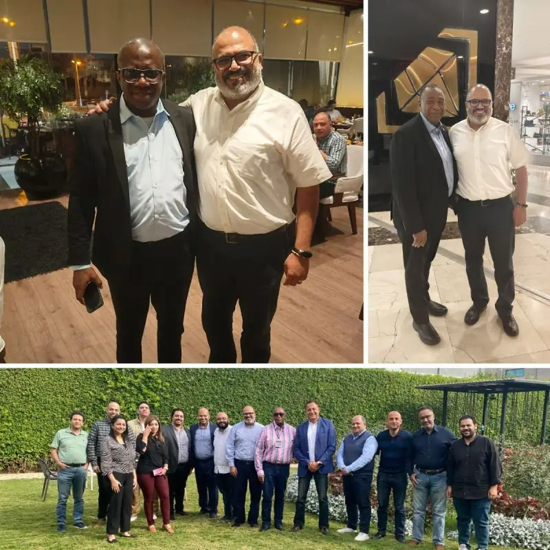 Collage of Peter GORGY with colleagues and senior leaders: two portraits and a large group photo in a garden.