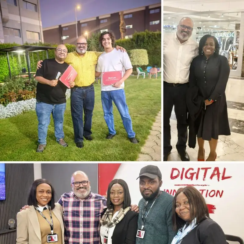 Collage of Peter GORGY with colleagues: in a garden, at a mall, and in front of a Digital Innovation wall.